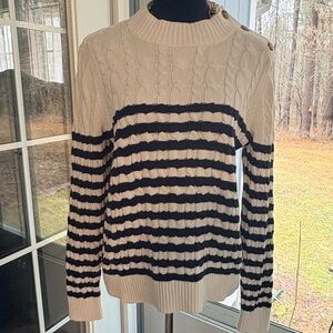 Lands' End Striped Cable Knit Crewneck Sweater